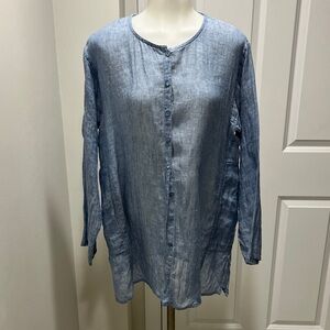 Eileen Fisher, gorgeous gauze-y denim blue linen button-down tunic. Sz S.